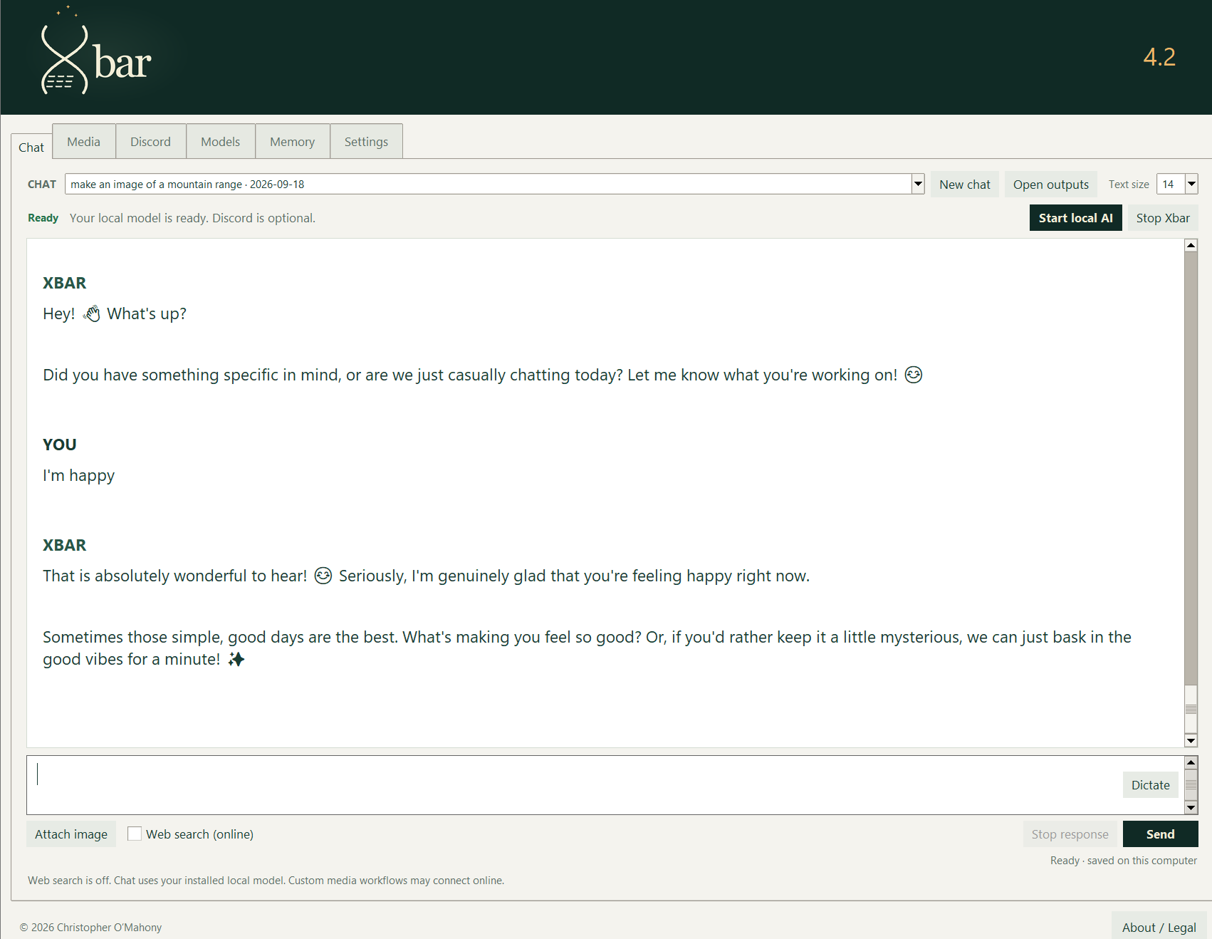 Xbar 4.2 shows a casual chat. Xbar asks what the user has in mind; the user says I’m happy, and Xbar responds warmly and asks what is making the day feel good.