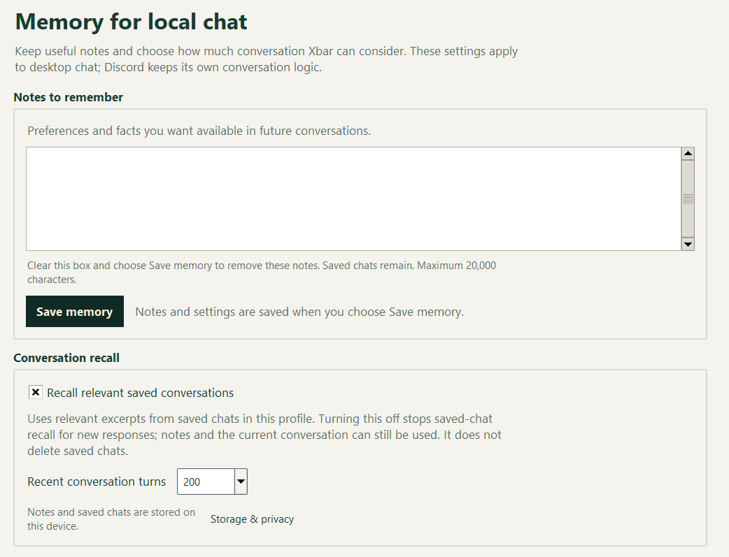 Xbar local memory settings with editable notes, saved-conversation recall and recent conversation turns