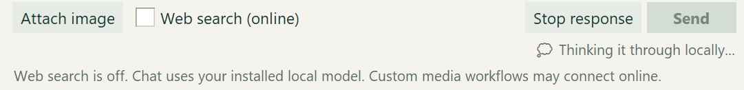 Xbar shows Thinking it through locally with web search unchecked. A notice says chat uses the installed local model when web search is off, and custom media workflows may connect online.