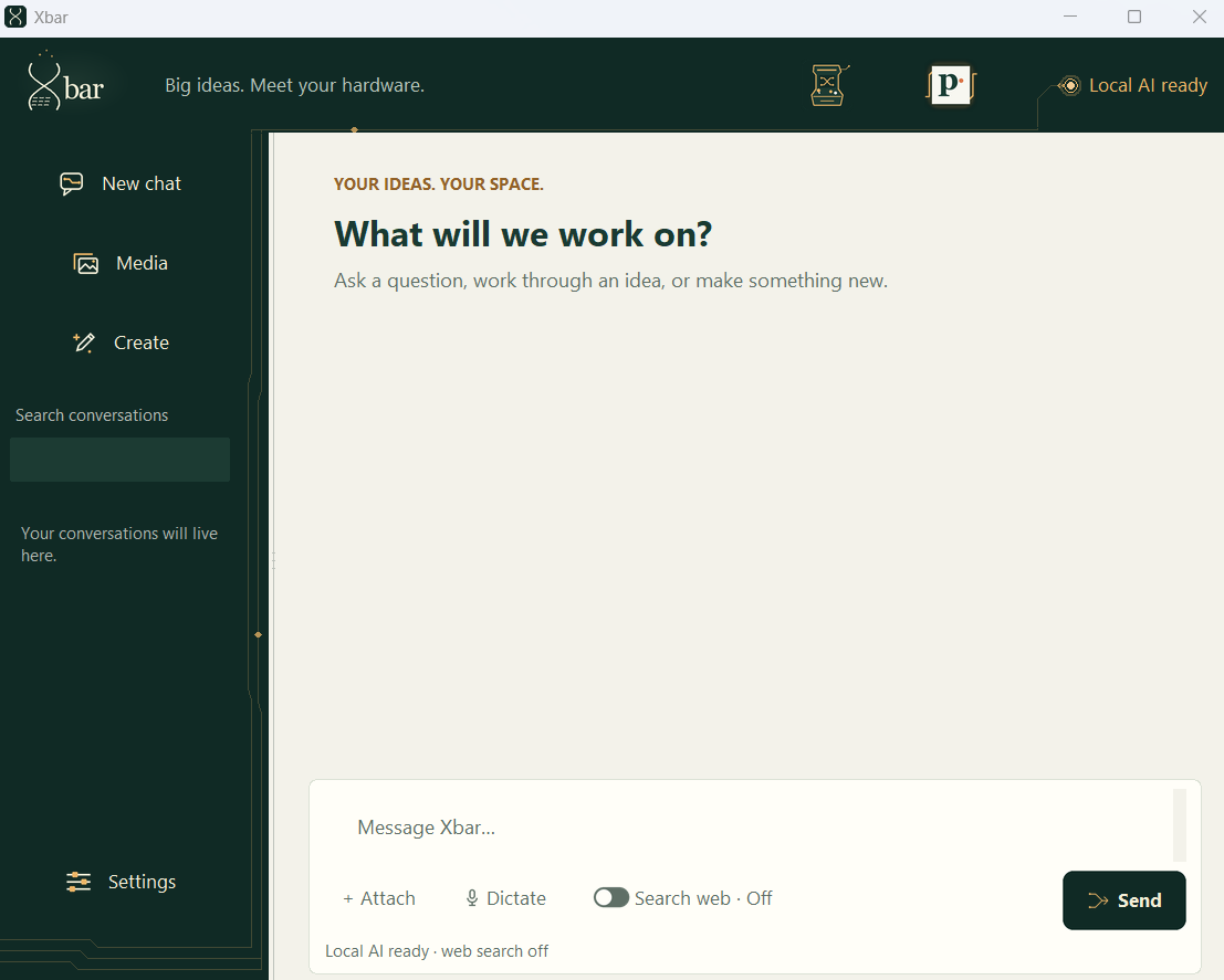 Xbar main interface with New chat, Media, Create, conversation search and message controls, showing local AI ready and web search off