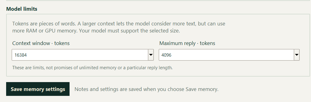 Xbar settings for context window and maximum reply size, with a Save memory settings button