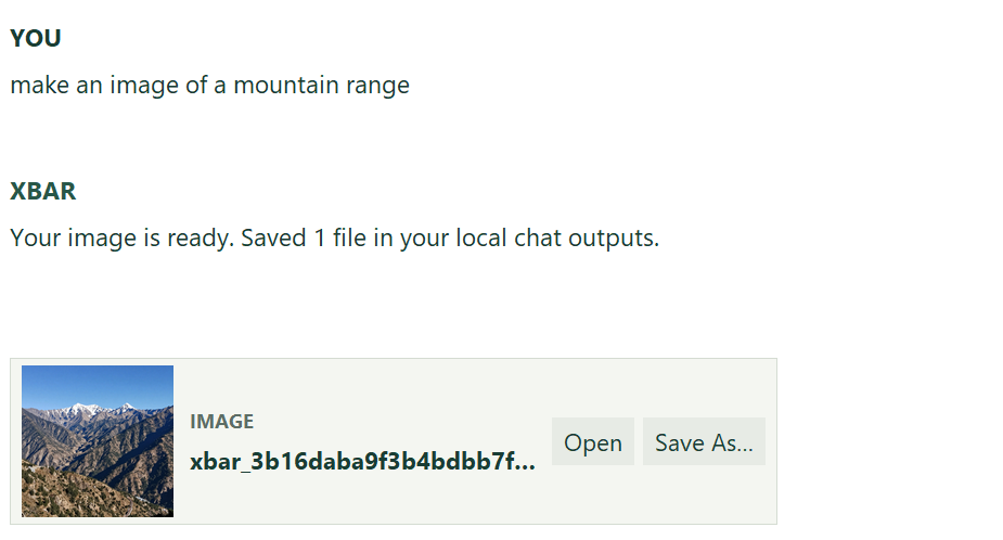 Xbar responds to make an image of a mountain range with a saved image and Open and Save As buttons