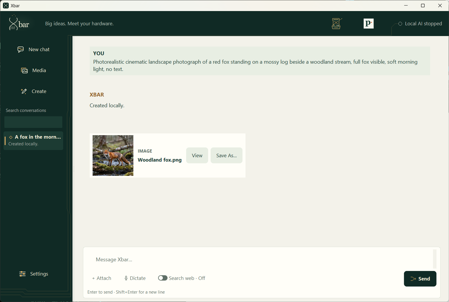 Xbar source-preview chat showing a fox image prompt and its locally generated image card, with View and Save As controls