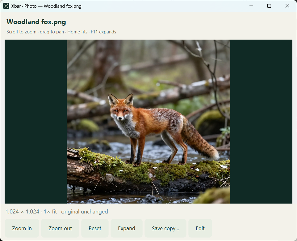 Xbar photo viewer showing a woodland fox with zoom, reset, expand, save-copy and edit controls
