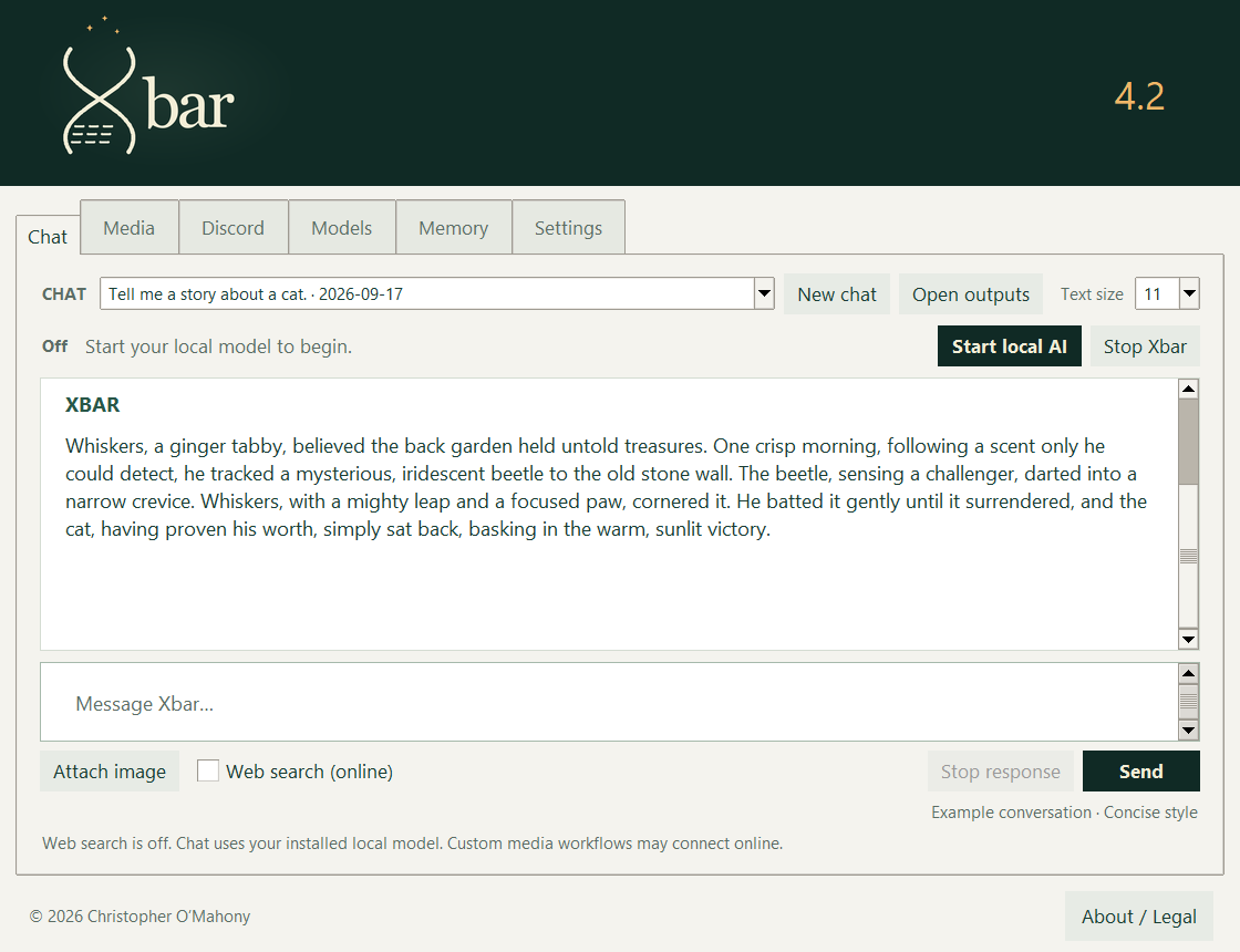 Development preview of Xbar local chat with a saved example conversation