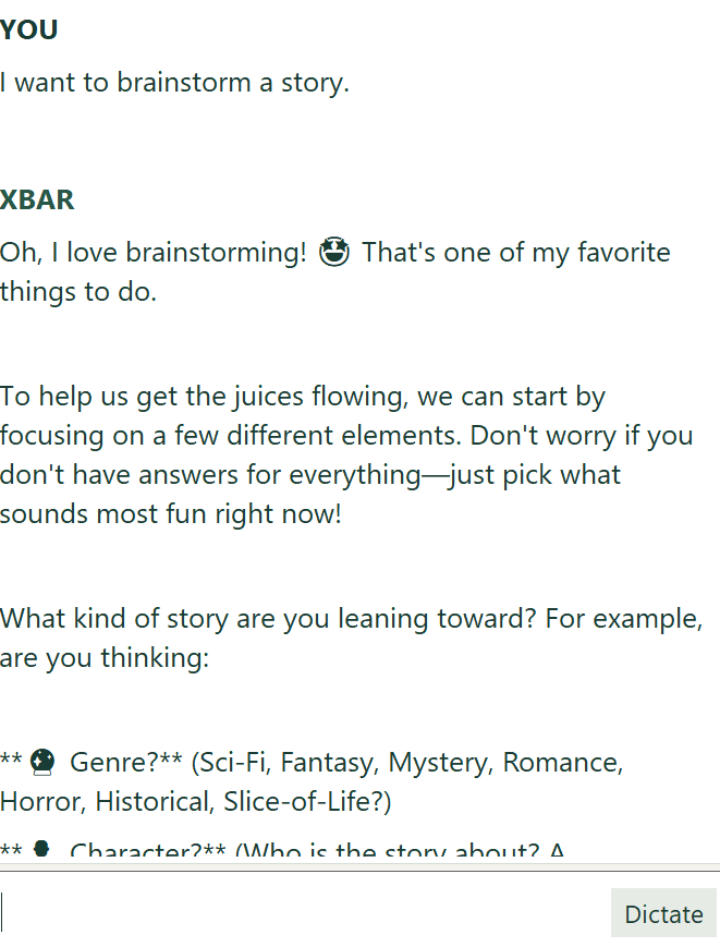 The user asks to brainstorm a story. Xbar suggests exploring different elements and asks about genre, with the beginning of a character question visible below.